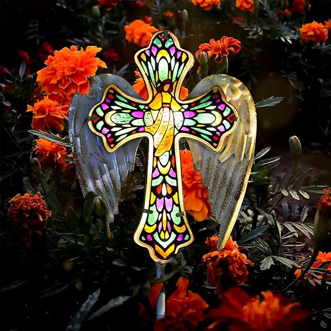 YJFWAL Solar Glass Cross Garden Stake Light, Cemetery Decorations for Grave Outdoor Lights, Easter Jesus Cross Angel Wings Sympathy Memorial Gifts, for Garden Lawn Yard Patio Decor YJFWAL