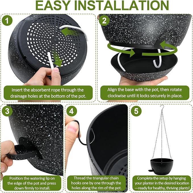 WOUSIWER Self Watering Hanging Planters, 2 Pack 10'' Plastic Pots with Drainage Holes & Reservoir Tray (Speckled Black) | Indoor & Outdoor Use for Ferns, Ivy, Herbs, Succulents WOUSIWER