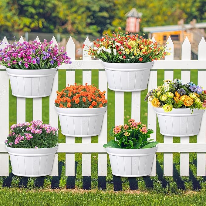 Layhit 6 Pcs Wall Hanging Planters Outdoor Pot Planter Wine Barrel Planter Distressed Oak Thickened Plastic Water Storage Flower Pots for Flower Indoor Outdoor(12 Inches,White) ShungLan