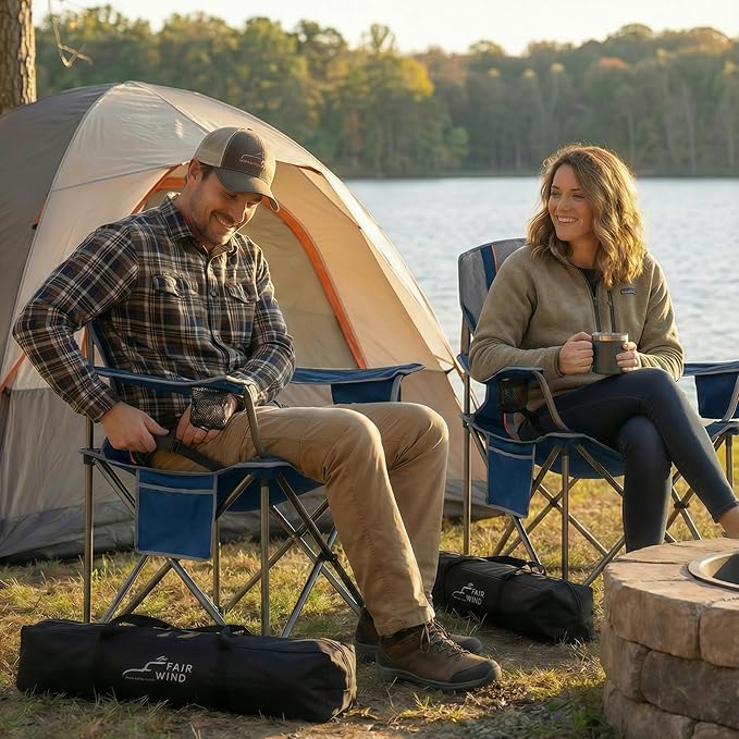 FAIR WIND Heavy Duty Camping Chair, Oversized Padded Folding Chair for Big and Tall (450lbs), Extra Wide Seat with Integrated Cooler & Storage Pocket, Adjustable Lumbar Support for Outdoor FAIRWINDOutdoorEquipment