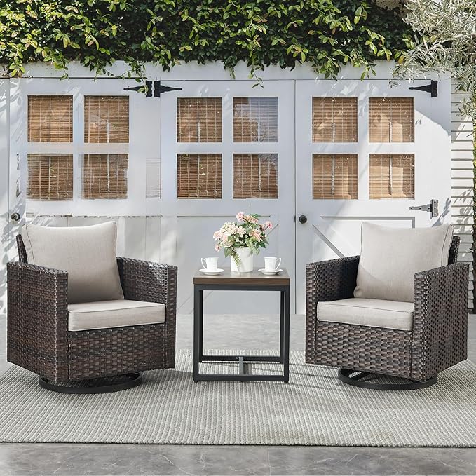Belord Outdoor Bistro Set 3 Piece Wicker Swivel Rocker Patio Chairs, Oversize Outdoor Rattan Seating Set, Patio Swivel Glider Chairs Wicker Furniture with Metal Side Table for Porch Backyard, Brown Belord