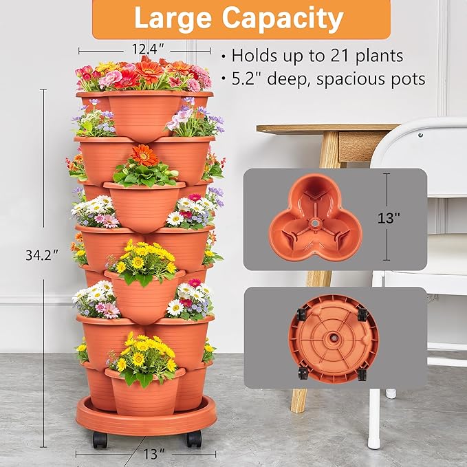 VECELO 7 Tier Vertical Garden Planter, Self Watering Stackable Planters with Wheels for Strawberries, Herbs, Flowers, Vegetables, Red VECELO