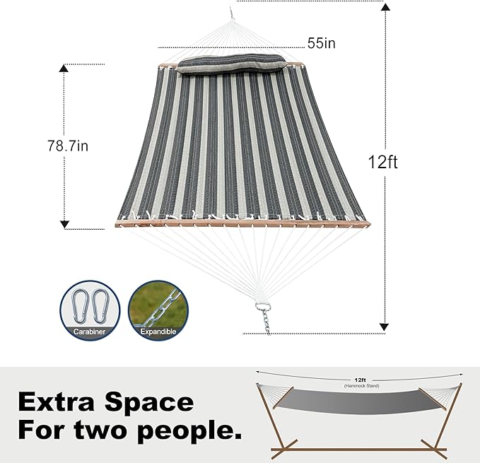 2 Person Hammocks for Outside, Double Quilted Fabric Outdoor Hammock with Spreader Bar, Large Removable Pillow, Storage Pockets, Carabiners, Max 475 lbs Capacity (Mountain Mist Gray) GafeteOutdoorLiving