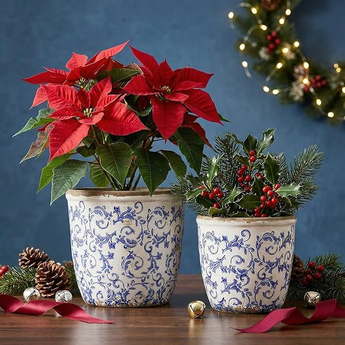 Vintage Ceramic Planter with Drainage Hole, Plastic Tray & Mesh, 6.5 Inch - Indoor/Outdoor Flower Pot, Blue Floral Rustic Farmhouse Design Plant pot for Home, Office & Garden Décor, Ideal Gift TEWEIQI