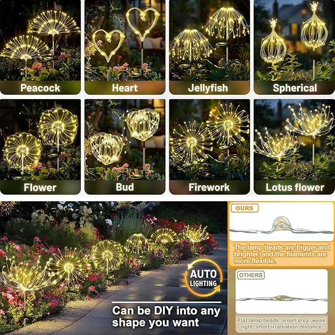 4 Pack Solar Firework Lights 200 LED Create Magical Nights, Waterproof Starburst Fairy Lights for Garden Yard Patio Christmas Romantic Wedding Party Decor(Warm White) colcutee