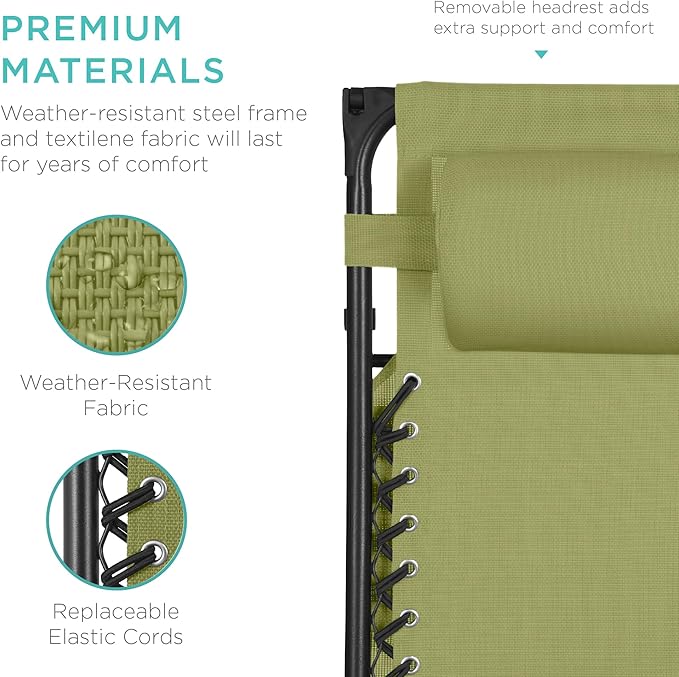Best Choice Products Folding Zero Gravity Outdoor Recliner Patio Lounge Chair w/Adjustable Canopy Shade, Headrest, Side Accessory Tray, Textilene Mesh - Dusty Green BestChoiceProducts