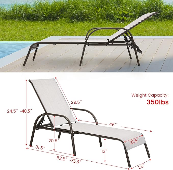 Giantex Patio Lounge Chair, Outdoor Chaise Lounge with 5 Adjustable Backrest, Sturdy Steel Frame, Sunbathing Recliner, Beach Chair, Tanning Chair for Outside, Yard, Balcony, Pool Chairs, Grey Giantex
