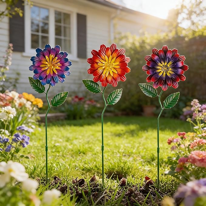 Metal Flowers for Outside,3 Pack Flowers Decorative Garden Stakes Spring Decor,Waterproof Metal Yard Art for Outside,Lawn,Patio,Yard SATHGA