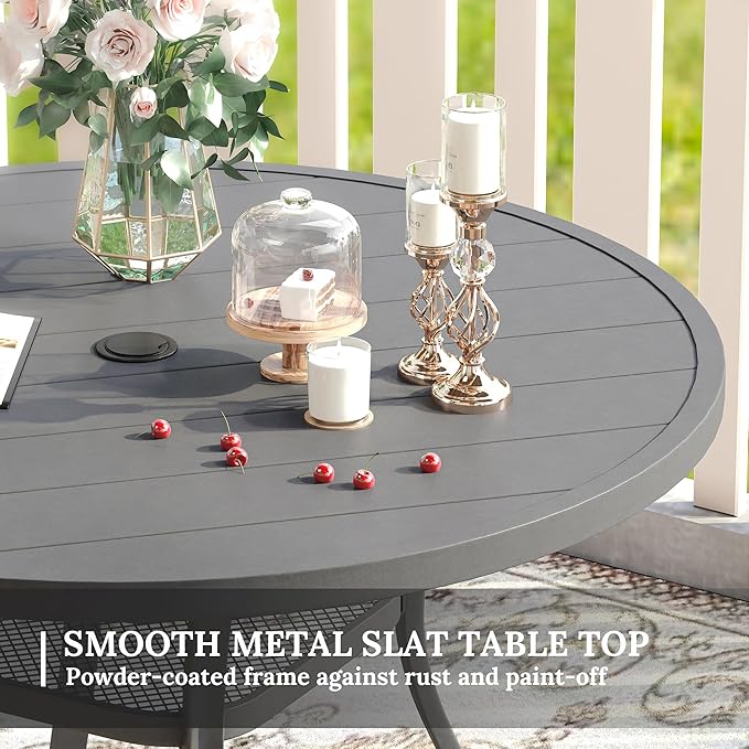 VICLLAX 41.2"x 28" Outdoor Round Patio Table for Lawn Garden, All Weather Metal Round Patio Dining Table with Adjustable Umbrella Hole, Patio Table for 4 Person, Grey Tabletop HOME