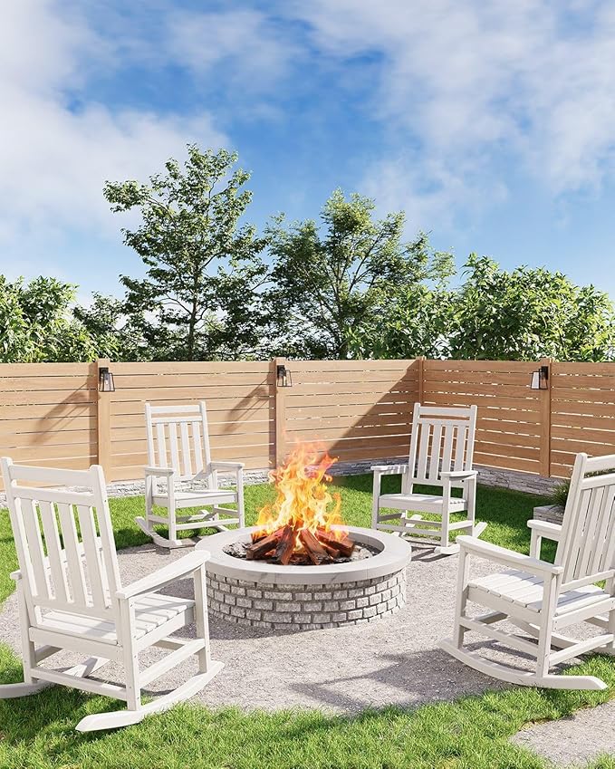 HDPE Rocking Chair Outdoor Set of 4 - Poly High Back Porch Rocker Chairs for Adults - All Weather Resistant Furniture for Patio Front Porch - White Garvee