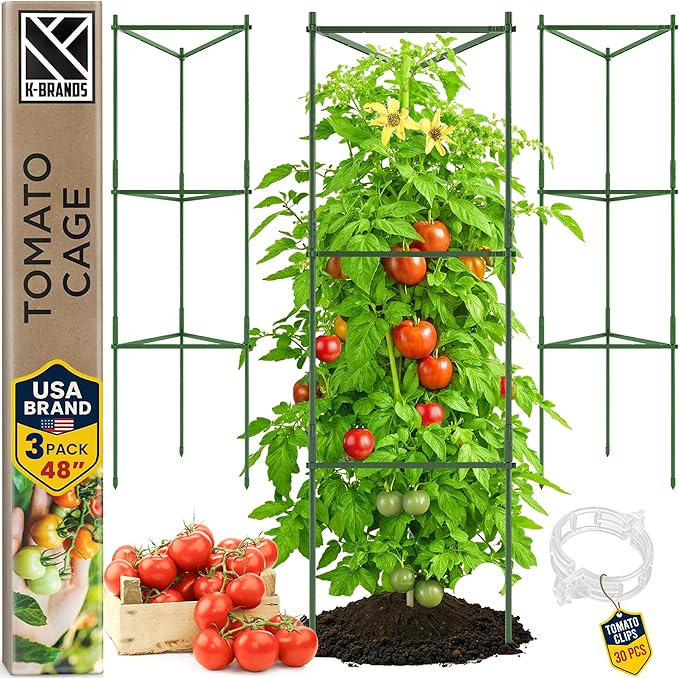 Tomato Cage - Large Trellis Stakes and Plant Support Structures for Vegetables and Climbing Plants - Tall Tomato Cages for Garden, Pots, Raised Garden Bed Outdoor Supplies (3 Pack - Up to 48") K-BRANDS