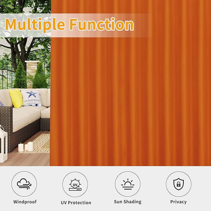 Easy-Going Outdoor Patio Curtains Detachable Tab Top Windproof Weatherproof Curtain for Cabana, Porch, Pergola and Gazebo, Tab Bottom Drape, 2 Panels, 110W x 108L inch, Orange Easy-Going