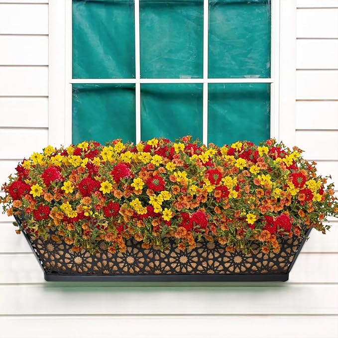 Halatool 24 Inch Window Box with Coco Liner, 4 Pack Sturdy Metal Flower Railing Planter with Coco Coir Basket Liners for Window Deck Fence Porch Balcony and Patio Outdoor Indoor Lawn HALATOOL