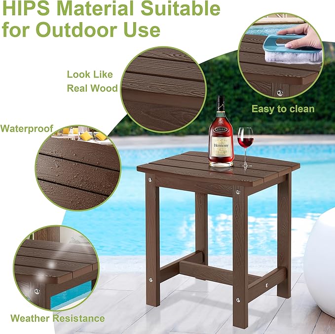 Y&M Outdoor Side Table, HIPS Adirondack Small Single Table, Waterproof Square Outside Table, Balcony Modern End Tables for Patio, Pool, Beach, Porch, Deck, Indoor or Outdoor Use, Coffee YM