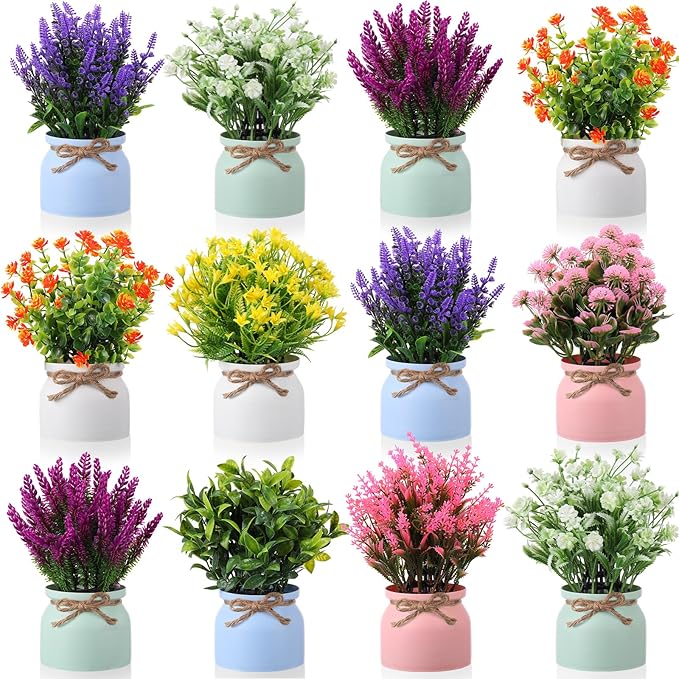 Cindeer 12 Pcs Large Artificial Potted Flowers Fake Potted Plants Plastic Faux Flowers for Home Decor Indoor Artificial Plants in Pots for Wedding Home Desk Tabletop Outdoor Office Kitchen (Vintage) Cindeer
