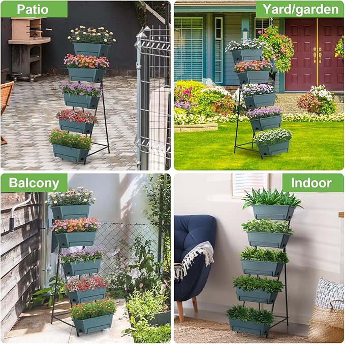 5 Tier Vertical Raised Garden Bed Planter Box, Vertical Raised Bed with Drainage Holes for Indoor Outdoor Herbs Flowers Vegetables Plants, Grey Fogein