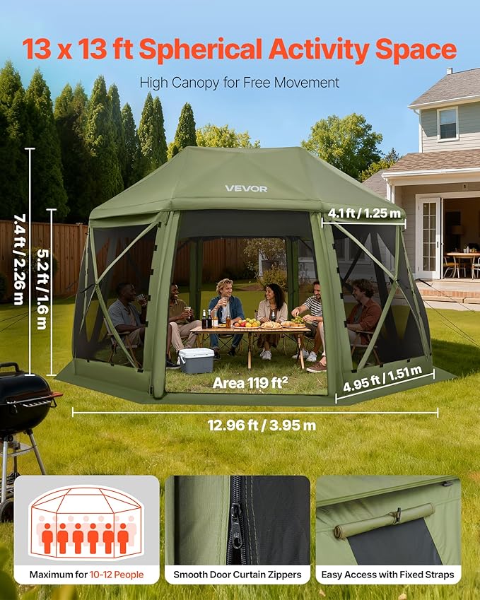 VEVOR Pop up Gazebo Screen Tent, 13 x 13 ft, 13-Sided Spherical Camping Canopy Tent with Removable Top & Carry Bag, Quick-Set & Bite-Proof, Screen House Sun Shelter for 10-12 Persons, Green VEVOR
