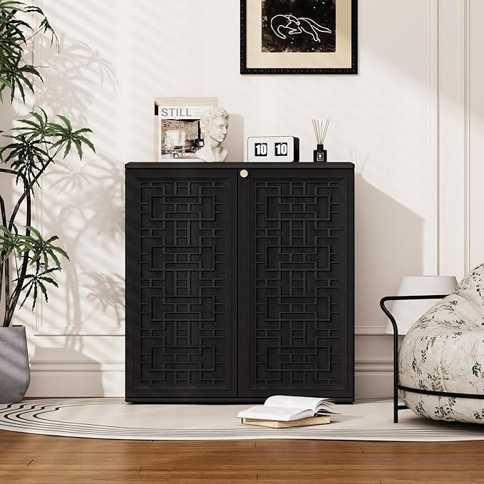 Outdoor Storage Cabinet Waterproof with Shelf,Resin Storage Sheds Outdoor Cabinets for tub Towels/Chemicals/Grill Items/Patio/Garden/Backyard, Size 34.3''L*15''W*36.2''H（Black） Mrosaa