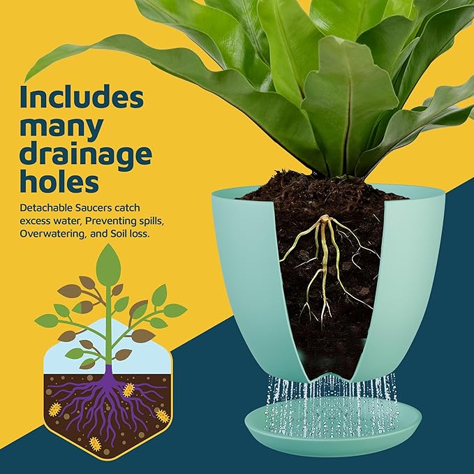 Lifemaster Planter Pots with Drainage Holes - Lightweight, Durable, and Space-Saving Pots for Indoor and Outdoor - Versatile Functionality, Simple Modern Design, Set of 5 Plastic Planter Pots - Aqua LIFEMASTER