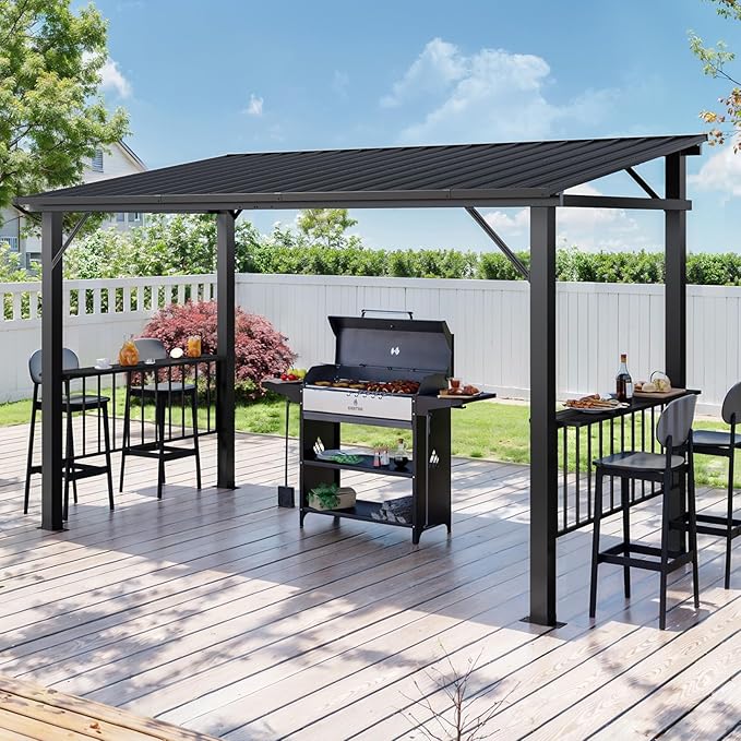 Aoxun 12x6 FT Hardtop Grill Gazebo with 2 Side Shelves & Hooks for Outdoor Grill, Outdoor BBQ Gazebo Canopy with Sloping Steel Roof, Permanent Metal Gazebo for Patio, Backyard, Lawn, Deck Aoxun
