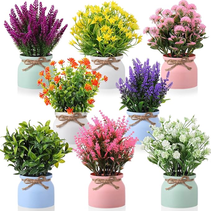 Cindeer 8 Pcs Large Artificial Potted Flowers Fake Potted Plants Plastic Faux Flowers for Home Decor Indoor Artificial Plants in Pots for Wedding Home Desk Tabletop Outdoor Office Kitchen (Romantic) Cindeer