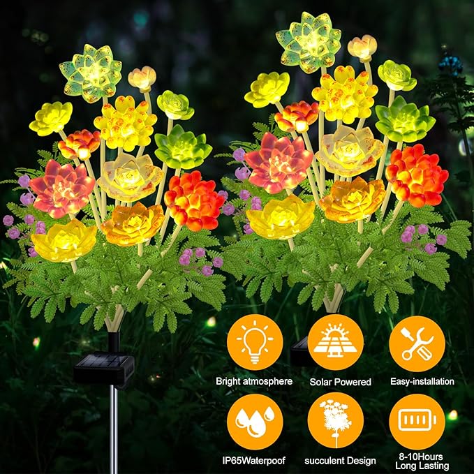 Solar Garden Lights Outdoor, 2 Pack Upgraded Succulent Solar Flowers Outside Waterproof, Gardening Gifts for Women Mother, Decorative Solar Powered Lights Yard Decor for Lawn Backyard Patio Pathway KohlrabiDecor