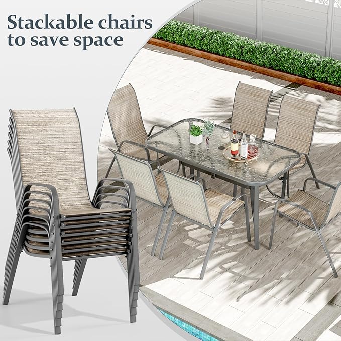 TLSUNNY 7 Pieces Patio Dining Set, Outdoor Table and Chairs W/1.69″ Umbrella Hole, 30"X 55" Table and Stackable Textilene Chair, All Weather Patio Furniture Set (Umbrella not Included) (Brown) TLSUNNY