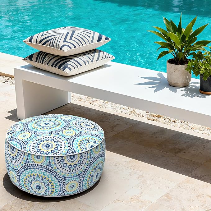LVTXIII Indoor/Outdoor Inflatable Ottoman with Handle D21 x H9 Inch, Weather-Resistant Round Footstool Pouf for Patio Camping Living Room, Portable Footrest Extra Seating, Delancey Lagoon LVTXIII