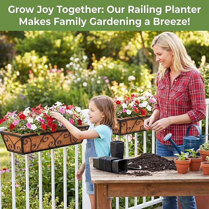 6pcs 30 Inch Window Deck with Coco Liner, 30" Window Boxes Horse Trough with Coconut Coir Liner, Metal Hanging Flower Planter Window Basket Deck Railing Planter Boxes for Outdoor Indoor Lawn LAWYAMAI