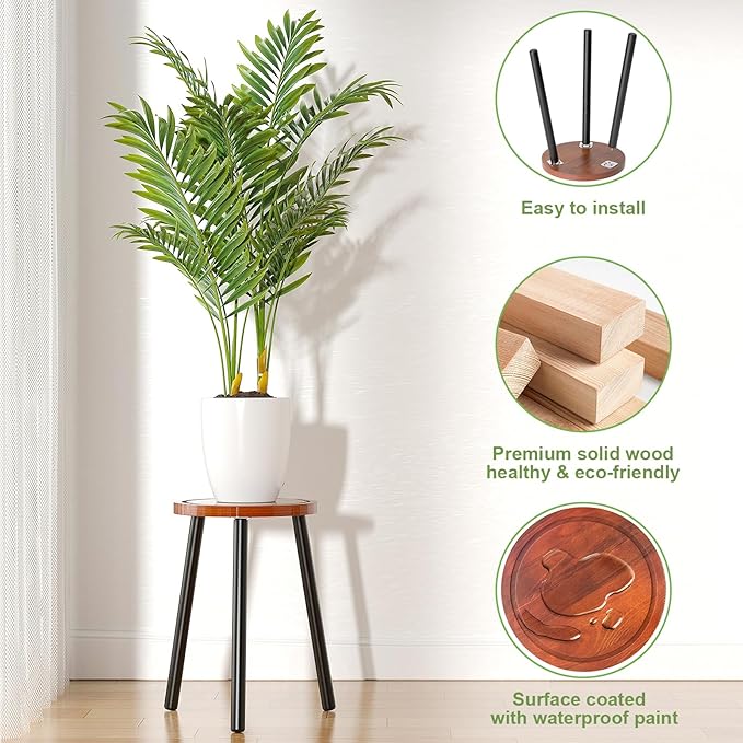 Wood Plant Stands Indoor, 16.7" Tall Plant Stand Outdoor Mid-Century Plant Stool, Single Plant Table Modern Small Round Side/End Table for Living Room, Balcony, Office (Brown) Rootora