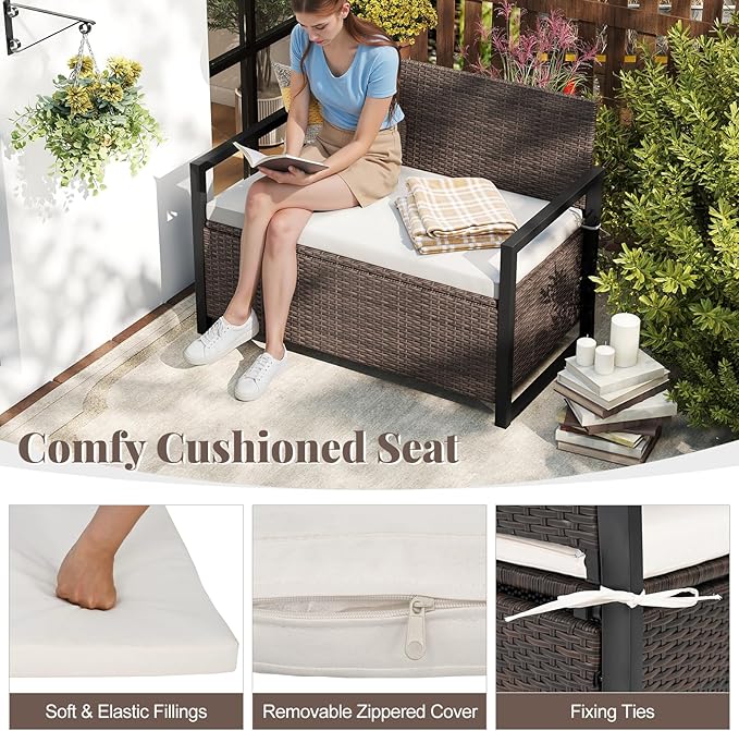 Tangkula 40 Gallon Outdoor Bench with Storage, Patio Wicker Storage Bench with Cushion, Cover, Metal Frame, Deck Box Seat for Backyard, Poolside, Balcony, Garden TANGKULA