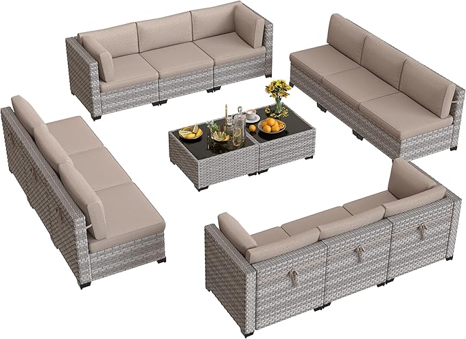 12-Seat Modular Patio Furniture Set – Outdoor Wicker Sectional Sofa with Thick 4″ Cushions, Dual-Strand PE Rattan, Rust-Resistant 18 mm Steel Frame, Backyard Garden Deck Lounge,Beige MASIONBACKYARDS