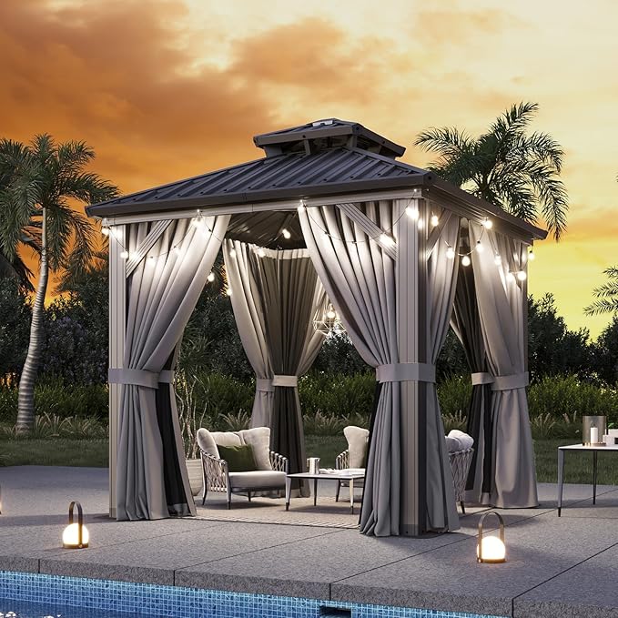 Aoxun 8'x8' Hardtop Gazebo, Aluminum Frame Canopy with Double Galvanized Steel Roof, Outdoor Metal Pavilion with Netting, Curtains for Backyard, Patio and Deck Aoxun