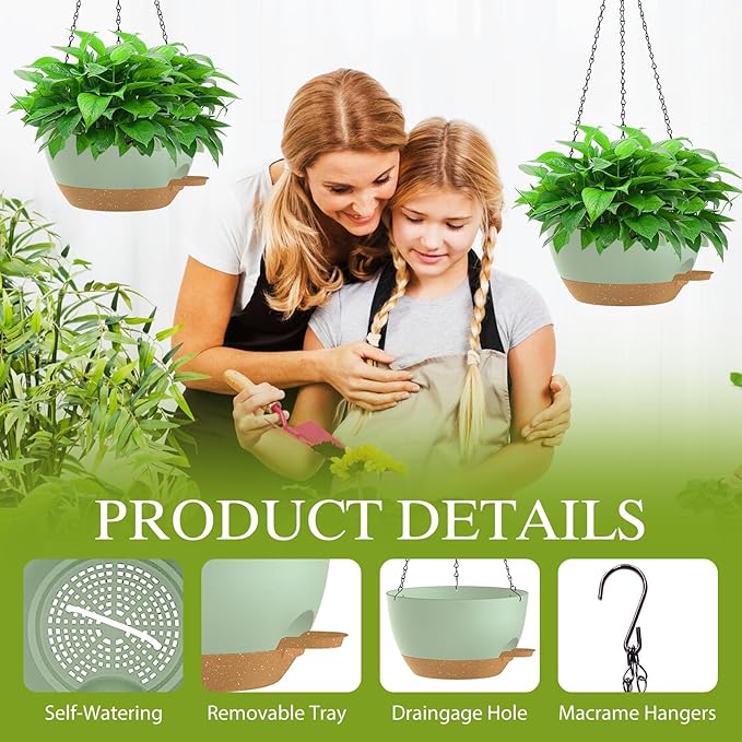 12 Inch Hanging Baskets 2 PC with Chains, Self-Watering Hanging Planters for Indoor Outdoor Plants, Plastic Hanging Flower Pots,Green Brown SQKH