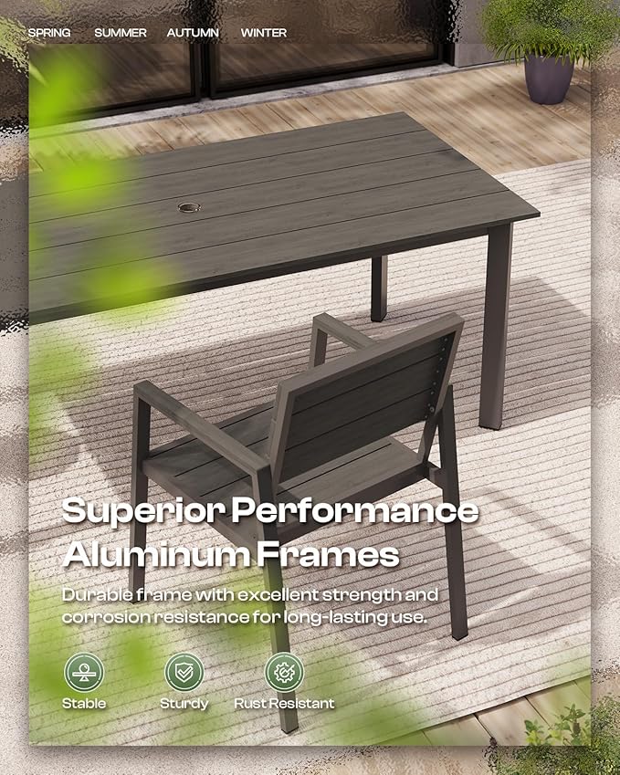 67" Rectangle HDPS Patio Dining Table, Aluminum Outdoor Patio Dining Table with Umbrella Hole, Weather-Resistant for Lawn, Garden, Yard, Poolside and Indoor Use (Gray & Teak) Oasbira