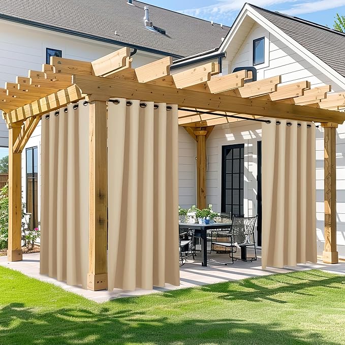 NICETOWN Waterproof Outdoor Curtain 84 inch Long, 66" Wide Stainless Grommet Sunlight Blocking Window Treatment Drape Blackout Curtains for Gazebo/Patio Porch/Pergola/Cabana (Biscotti Beige, 1 Panel) NICETOWN