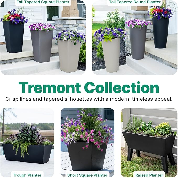 Step2 Tremont Tall Square Tapered Planter, 28", Indoor/Outdoor Plants, Efficient Drainage, Durable Resin, Onyx Black Step2