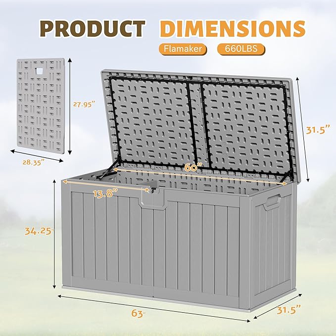 Flamaker Resin Deck Box 250 Gallon, Waterproof Imitation-Wood Lockable Storage Box with Separator Plate Outdoor Indoor, Garden, Patio Furniture for Tools&Pool Accessories (Gray) Flamaker
