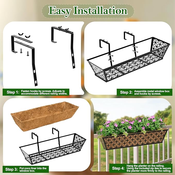 SPECILITE 30" Window Boxes Planters, Heavy Duty Metal Railing Planter Boxes, Adjustable Balcony Planters for Railing Hanging, with Coco Liner & Tool Set for Deck, Porch, and Patio Gardening (4 Pack) SPECILITE