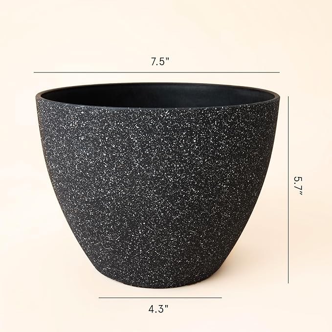LA JOLIE MUSE Flower Pots Outdoor Garden Planters, Indoor Plant Pots with Drainage Holes, Plastic, Speckled Black, Set 2 (7.5 + 7.5 Inch) LaJol%C3%ADeMuse