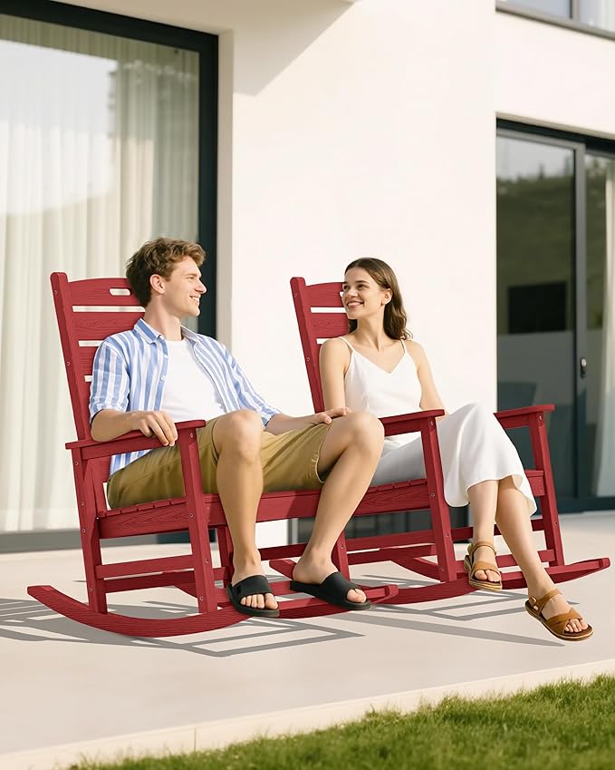 SERWALL Outdoor Rocking Chair Set of 4, Oversized HDPE Patio Rocking Chair with Footrest for Adults, All Weather Porch Rocker for Deck Patio Balcony, Red SERWALL