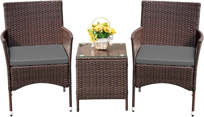 Devoko Patio Porch Furniture Sets 3 Pieces PE Rattan Wicker Chairs with Table Outdoor Garden Furniture Sets (Brown/Grey) DEVOKO