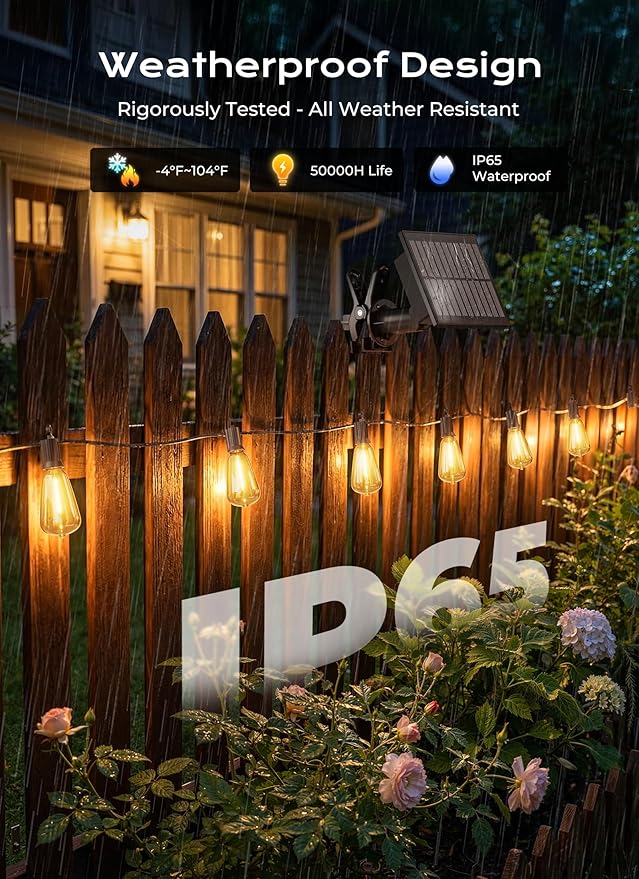 Brightown 37FT Solar String Lights Outdoor Waterproof, Patio Lights with Remote and 10+1 LED Shatterproof Bulbs, Dimmable & Timable, 3 Light Modes, Solar Lights Outdoor for Yard Camping Party Outside Brightown