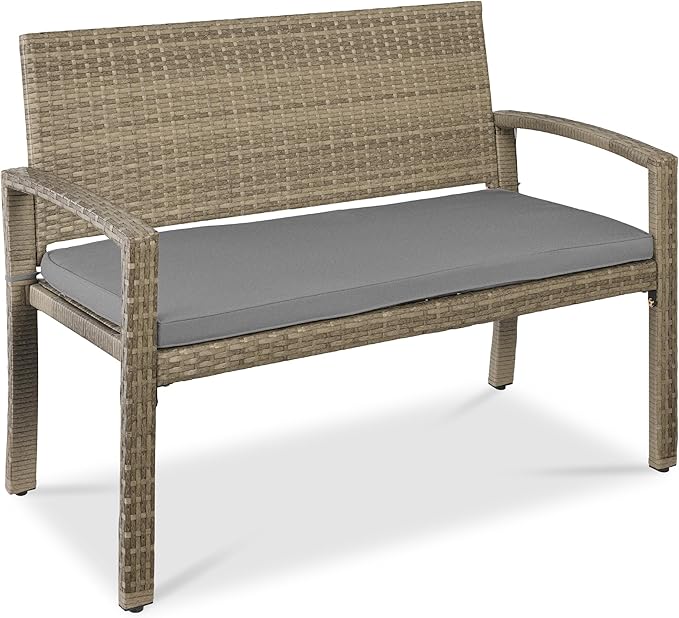 Best Choice Products Outdoor Bench 2-Person Wicker Garden Patio Benches Seating Furniture for Backyard, Porch w/Seat Cushion, 700lb Capacity - Cement Gray/Taupe BestChoiceProducts