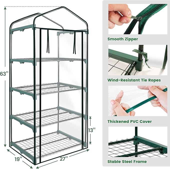 Worth Garden 4 Tier Mini Greenhouse - 63'' H x 27'' L x 19'' W - Sturdy Portable Gardening Shelves with PVC Cover - Small Green House Use in Indoor & Outdoor for Plants Flowers WORTH
