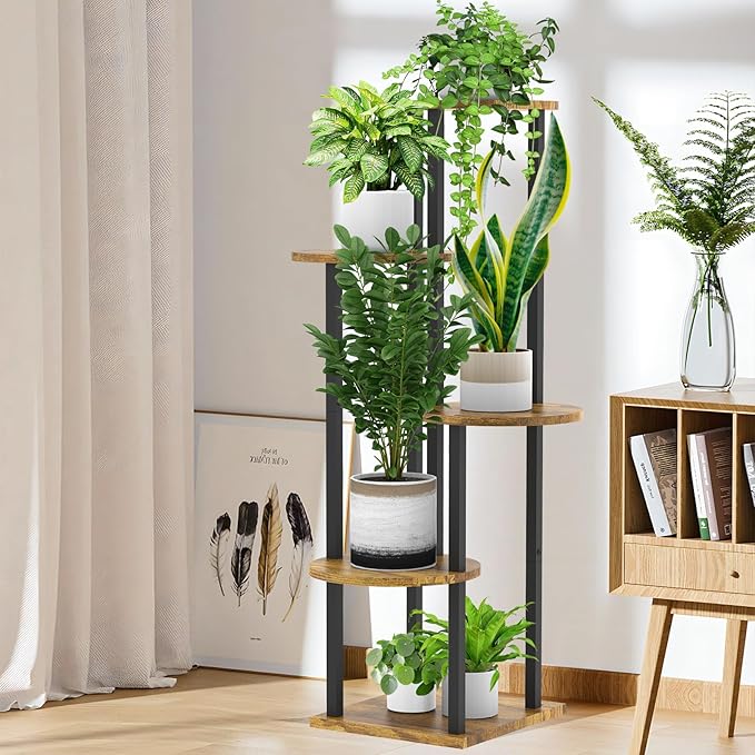 5 Tier Wood Tall Plant Stand Metal Rack Indoor, Multiple Flower Pot Holder Shelves Corner Rack, Round Planter Shelf Display Rack Storage Organizer for Patio Living Room Balcony(Black) YOCOMEY