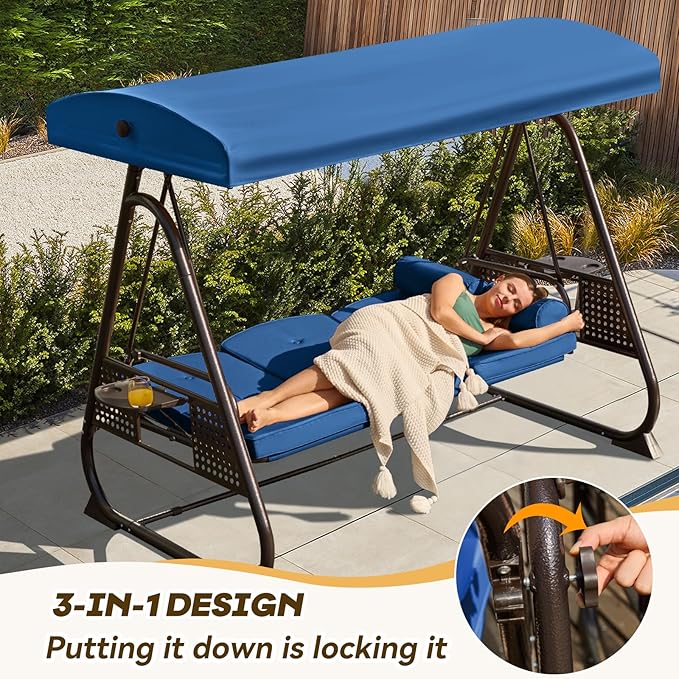 3 in 1 Outdoor Porch Swing with Adjustable Canopy, 3 Seat Outdoor Swing for Adults, Patio Swing Chair with Thickened Cushions,Pillows & Cup Holders for Backyard, Porch, Garden (Blue) YALISSEY