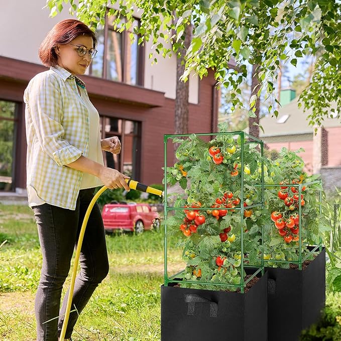 ANPHSIN 3 Sets Tomato Cages with 17 Gallon Grow Bags - 46'' Heavy-Duty Plant Support Trellis Tomato Planter Pots Kit, Garden Vegetables Cucumber Flowers Vertical Climbing Plants Vines ANPHSIN