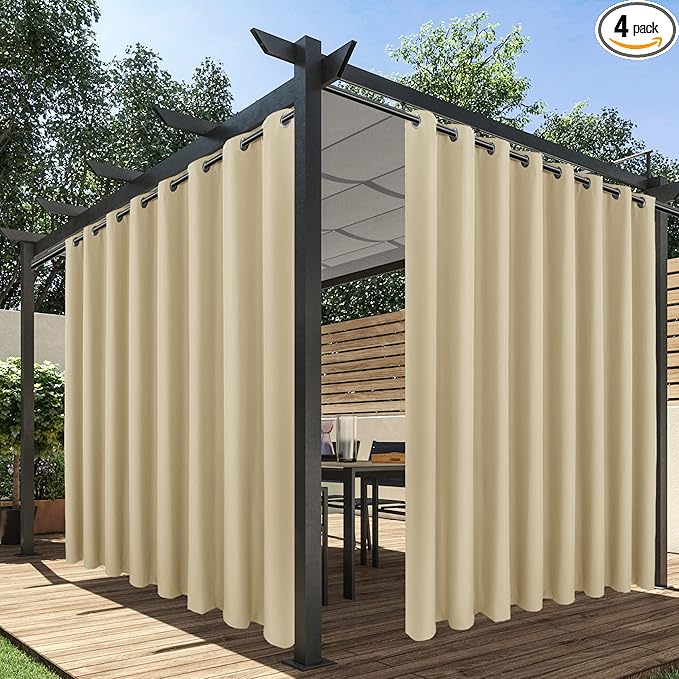 HolidayIdeas Extra Wide Outdoor Curtains for Patio Waterproof, 4 Panels - 110 x 120 Inch - Privacy & Light Filtering Curtains Cream Grommet Outside Curtains for Porch, Gazebo, Pergola, Backyard HolidayIdeas