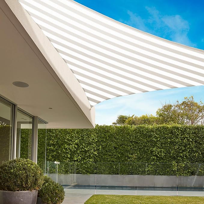 E&K Sunrise 25' x 25' x 25' Sun Shade Sail Triangle Canopy Shade Cover UV Block for Patio Backyard Garden Outdoor (Beige White Strip) EKSUNRISEINC
